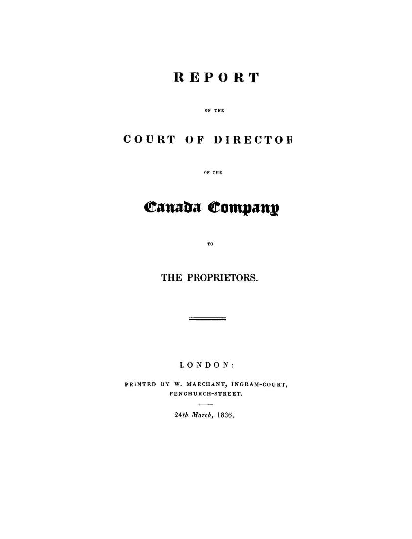 Report of the Court of Directors of the Canada Company to the proprietors