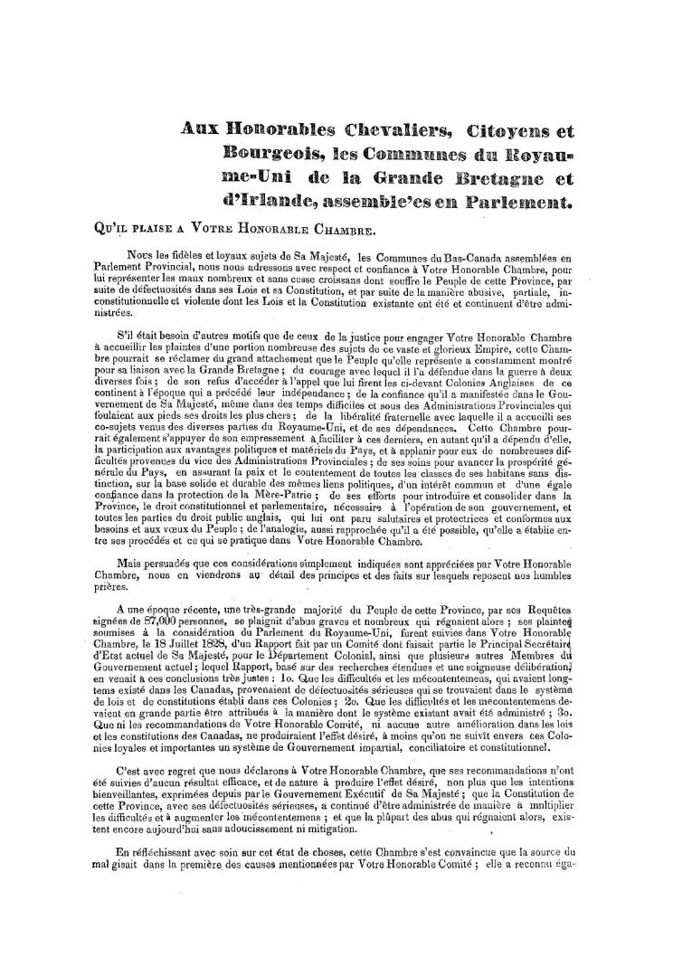 Aux honorables chevaliers, citoyens et bourgeois, les Communes du Royaume-Uni de la Grande Bretagne et d'Irlande, assemblées en Parlement. Qu'il plais(...)