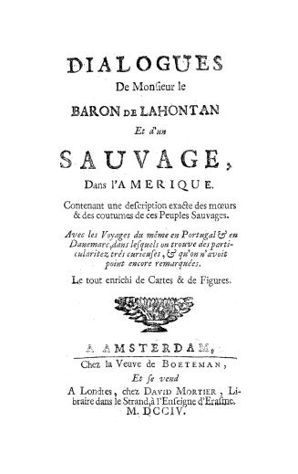 Dialogues de Monsieur le baron de Lahontan et d'un sauvage, dans l'Amérique