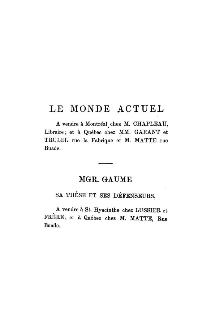 Lettre à Monseigneur Baillargeon, Évêque de Tloa, sur la question des classiques et commentaire sur la lettre du cardinal Patrizi