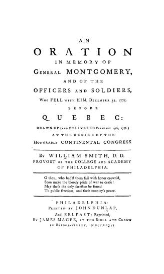 An oration in memory of General Montgomery and of the officers and soldiers who fell with him, December 31, 1775, before Quebec, drawn up (and deliver(...)