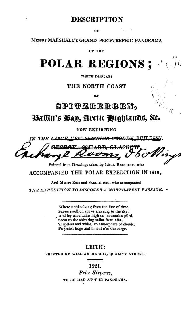 Description of Messrs. Marshall's grand peristrephic panorama of the polar regions, which displays the north coast of Spitzbergen, Baffin's Bay, Arcti(...)