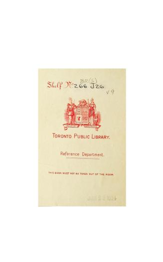 Toronto Public Library Reference Department bookplate: shelf no 266.J26 V13, date-stamped June …