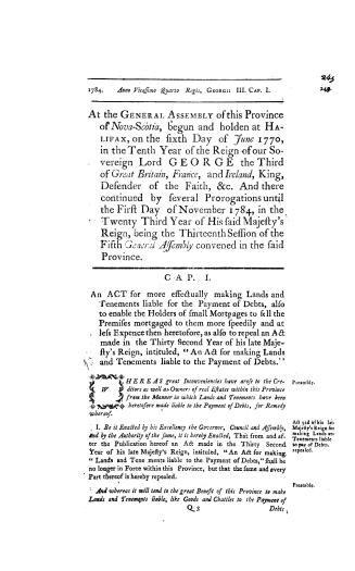 At the General Assembly of this province of Nova-Scotia, begun and holden at Halifax, on the sixth day of June 1770,