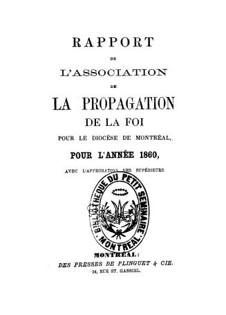 Rapport de l'Association de la propagation de la foi pour le district de Montréal