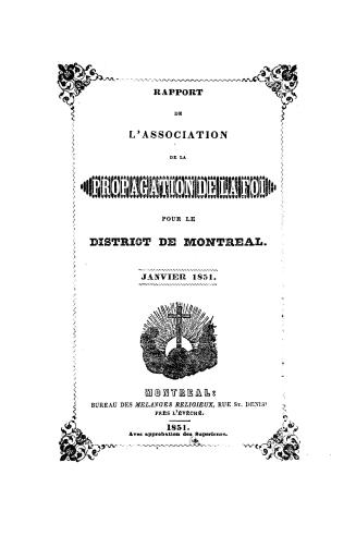 Rapport de l'Association de la propagation de la foi pour le district de Montréal