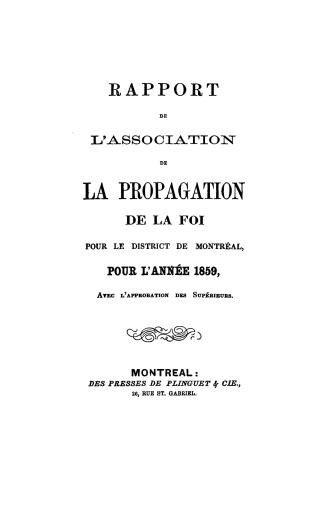 Rapport de l'Association de la propagation de la foi pour le district de Montréal