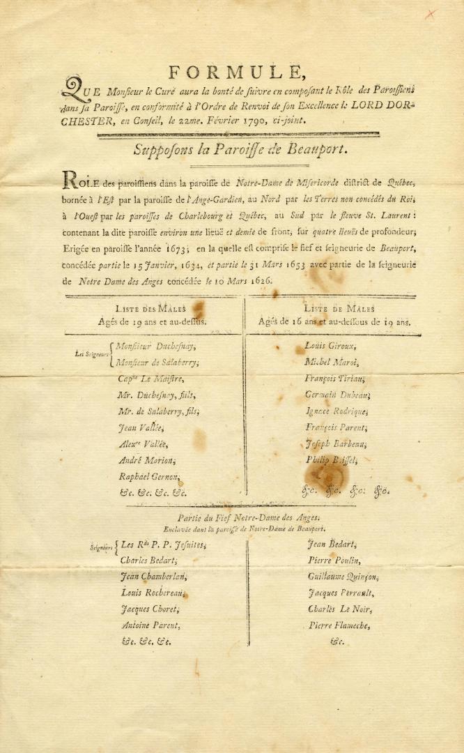 Formule, que Monsieur le curé aura la bonté de suivre en composant le rôle des paroissiens dans sa paroisse, en conformité à l'ordre de renvoi de Son (...)