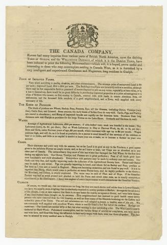 The Canada Company, having had many inquiries from various parts of British North America, upon the thriving town of Guelph, and the Wellington Distri(...)