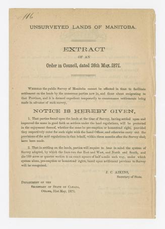 Unsurveyed lands of Manitoba extract of an order in council, dated 26th May 1871