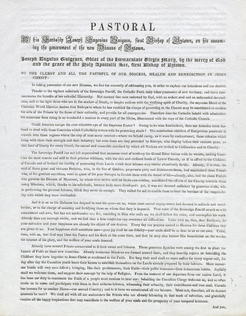 Pastoral of His Lordship Joseph Eugenius Guigues, first Bishop of Bytown, on his assuming the government of the new diocess of Bytown