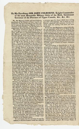 To His Excellency Sir John Colborne, Knight Commander of the Most Honourable Military Order of the Bath, Lieutenant Governor of the Province of Upper Canada, &c