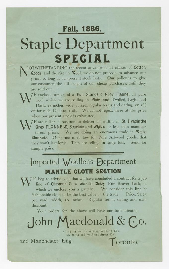 Fall, 1986 : staple department special ... our policy is to give our customers the full benefit of our cheap purchases, until they are sold out