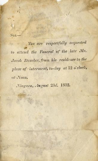 You are respectfully requested to attend the funeral of the late Mr. Jacob Duseler from his residence to the place of interment, to-day at 12 o'clock, at noon