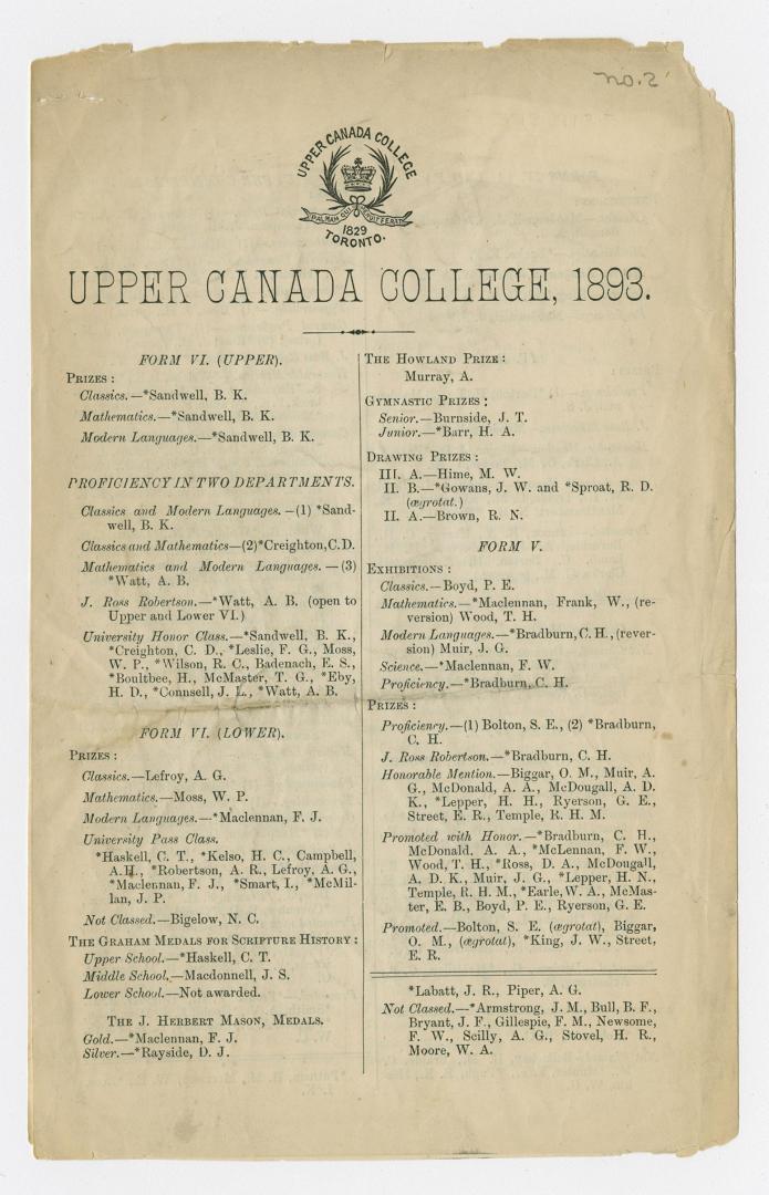 Upper Canada College, 1893 ... honorable mention given to non-prizemen for good application during the yer