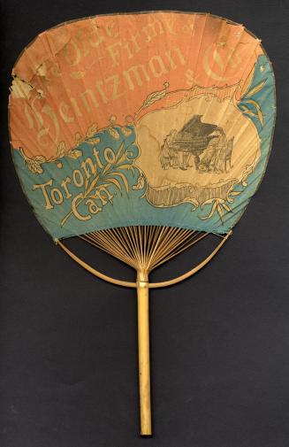 Paper and wood fan with Heintzman and Co. Toronto Ontario printed on it. Also, an image of two …