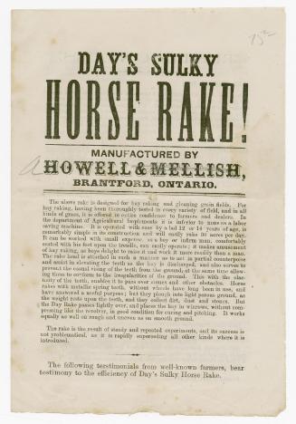 Day's sulky horse rake! ... the above rake is designed for hay raking and gleaning grain fields