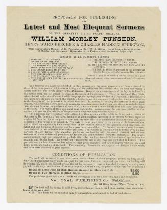 Proposals for publishing the largest and most eloquent sermons of the greatest living pulpit orators, William Morley Pushon, Henry Ward Beecher & Charles Haddon Spurgeon(...)