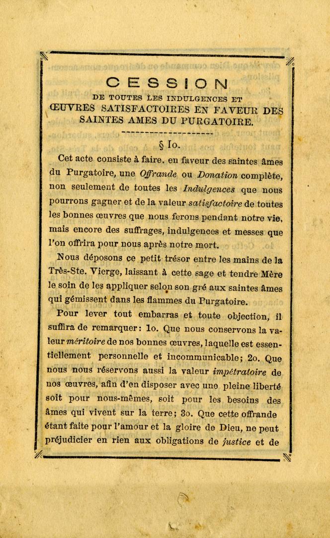 Cession de toutes les indulgences et oeuvres satisfactoires en faveur des Saintes Ames du Purgatoire