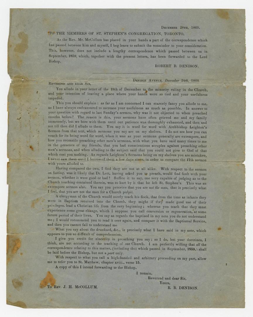 To the members of St. Stephen's congregation, Toronto : as the Rev. Mr. McCollum has placed in your hands a part of the correspondence which has passe(...)