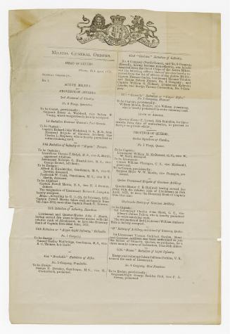 Militia general orders : head quarters, Ottawa, 25th April, 1873