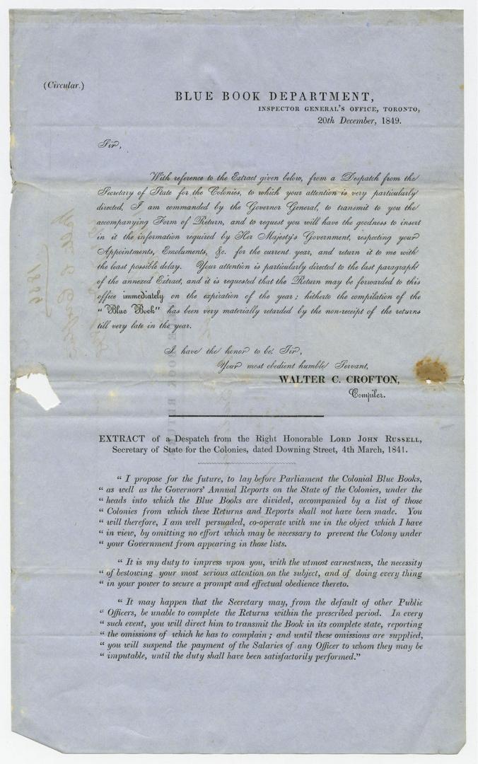 (Circular) : Blue Book Department, Inspector General's Office, Toronto, 20th December, 1849