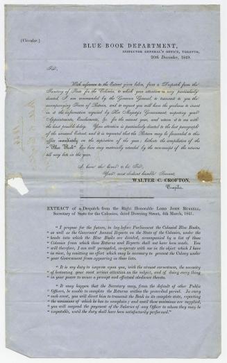 (Circular) : Blue Book Department, Inspector General's Office, Toronto, 20th December, 1849