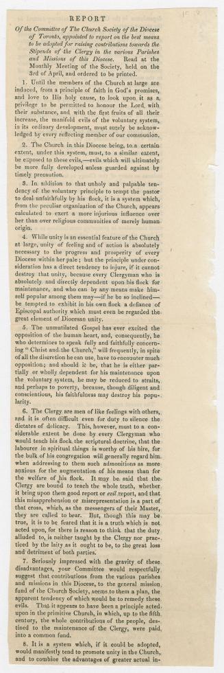 Report of the Committee of the Church Society of the Diocese of Toronto, appointed to report on the best means to be adopted for raising contributions(...)