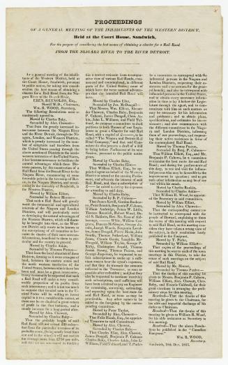 Proceedings of a general meeting of the inhabitants of the Western District : held at the Court House, Sandwich, for the purpose of considering the best means of obtaining a charter for a rail road from the Niagara River to the river Detroit