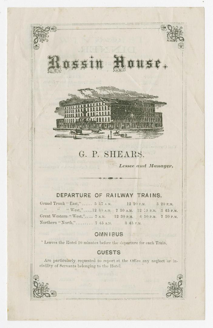 [Menu] Rossin House : G.P. Shears, lessee and manager