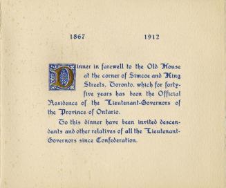 1867-1912, Dinner in farewell to the Old House at the corner of Simcoe and King Streets, Toronto, to which for forty-five years has been the official (...)