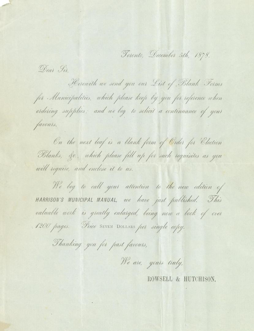 [Letter]... Herewith we send you our list of blank forms for municipalities, which please keep by you for reference when ordering supplies, and we beg to solicit a continuance of your favours