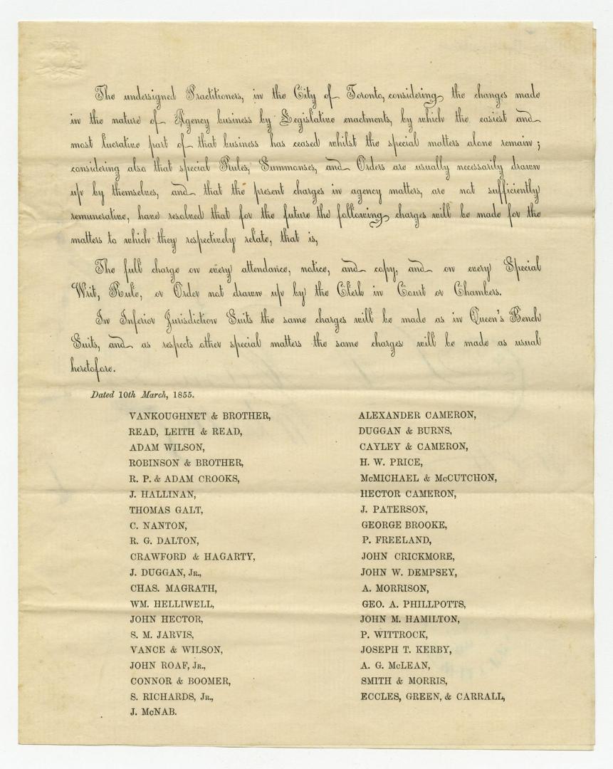 The undersigned practitioners, in the city of Toronto, considering the changes made in the nature of agency business by legislative enactments ...