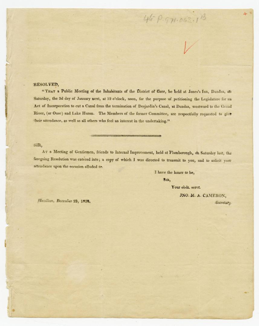 Resolved ''that a public meeting of the inhabitants of the district of Gore, be held at Jones's Inn, Dundas, on Saturday, the 3d day of January next, (...)