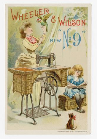 A woman in Victorian style dress stands in front of a sewing machine table. A green parrot is p…