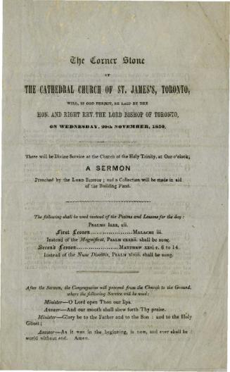 The corner stone of the cathedral Church of St. James, Toronto, will, if God permit, be laid by…