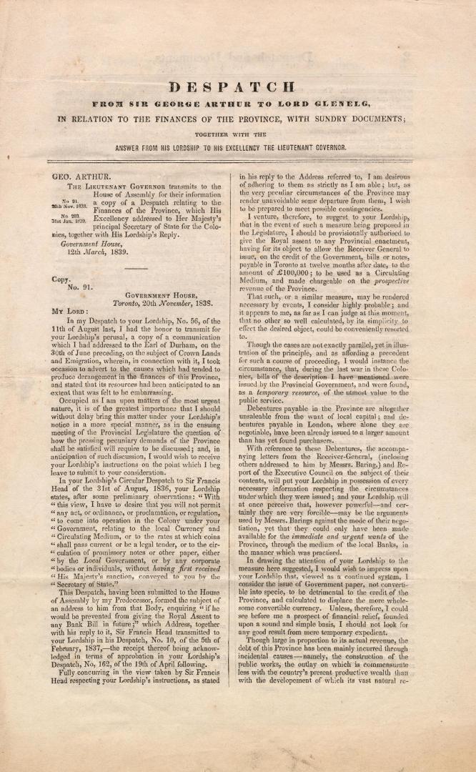 Despatch from Sir George Arthur to Lord Glenelg in relation to the finances of the province, with sundry documents