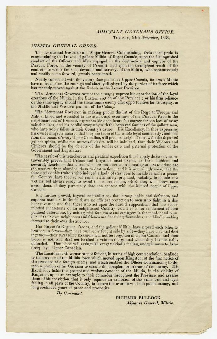 Militia general order : the Lieutenant Governor and major general commanding, feels much pride in congratulating the brave and gallant militia of Upper Canada