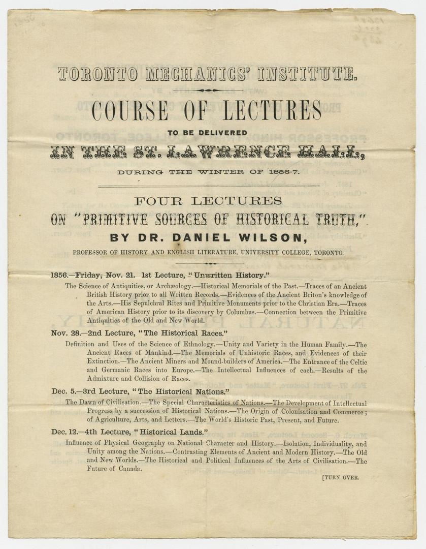  Toronto Mechanics Institute. Course of lectures to be delivered in the Saint Lawrence hall dur ...