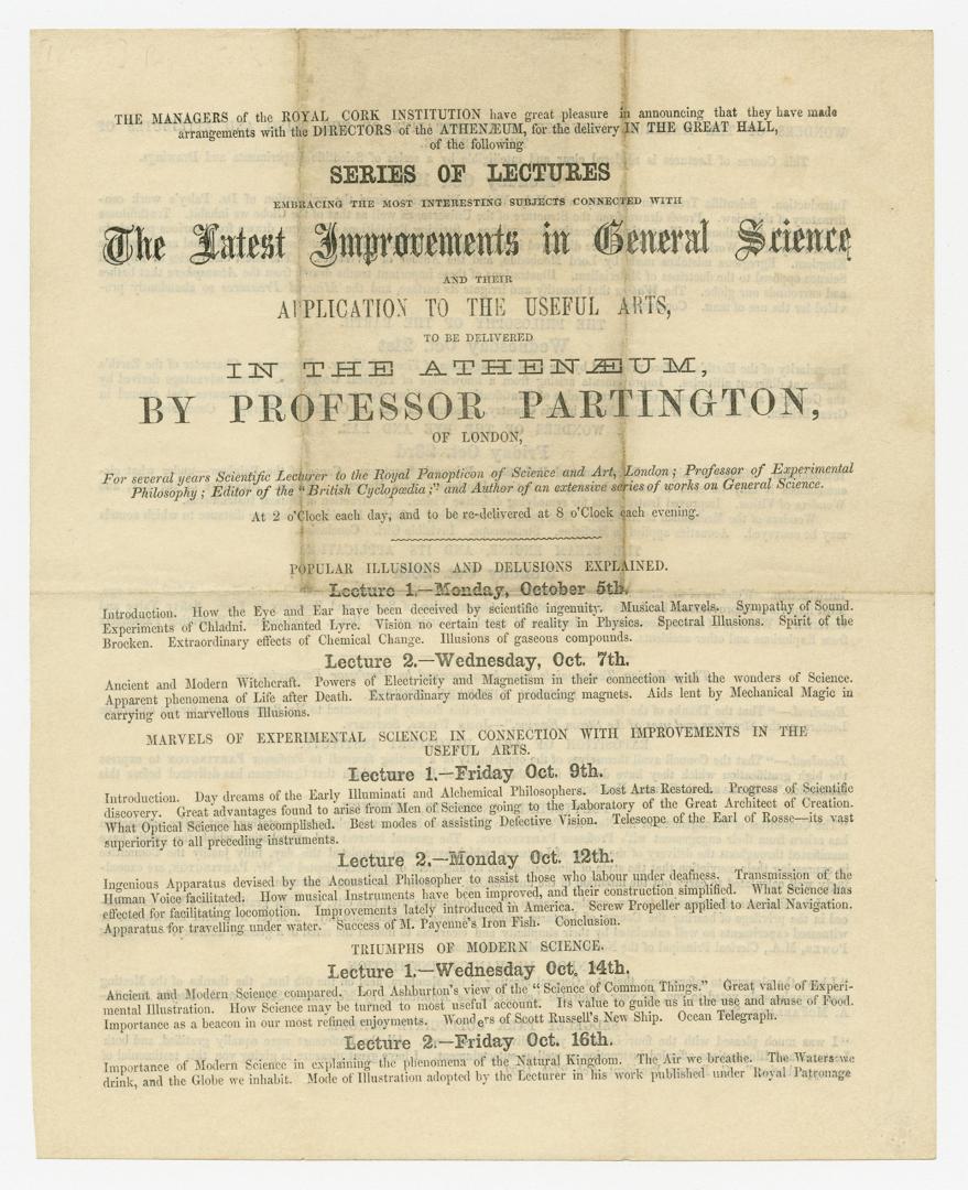 The Managers of the Royal Cork Institution have great pleasure in announcing that they have made arrangements with the directors of the Athenéum for t(...)