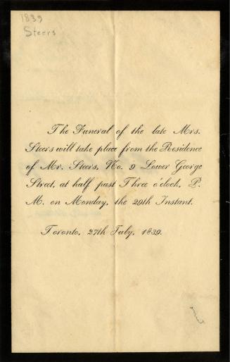 The funeral of the late Mrs. Steers will take place from the residence of Mr. Steers, No. 9 Low ...