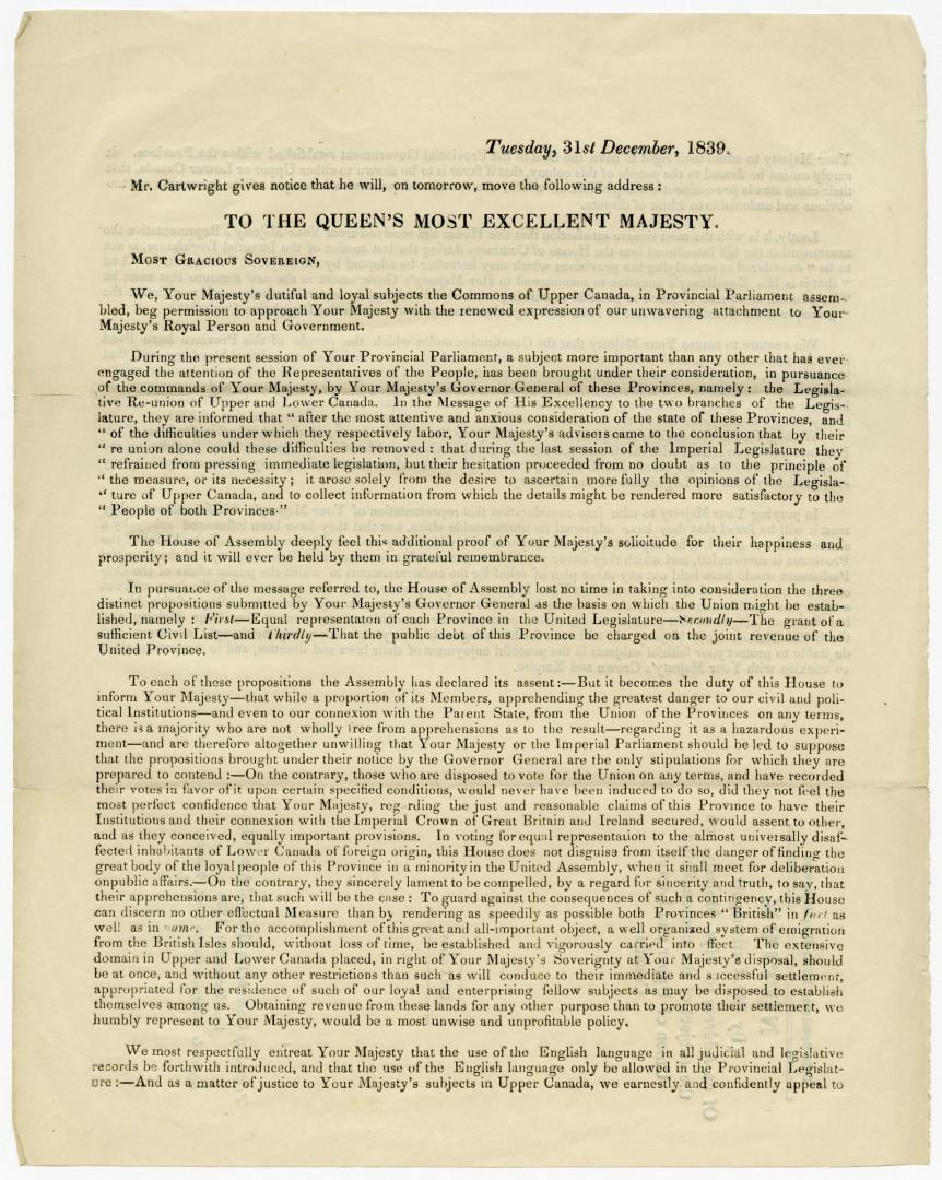 Notice (by Mr. Cartwright) of an address to Her Majesty, on the subject of the contemplated union of Upper and Lower Canada