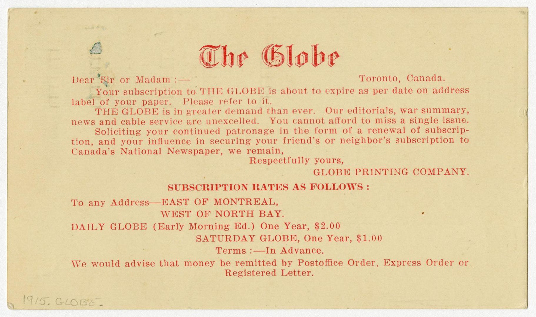 Private Post Card : The Globe, Toronto, Canada