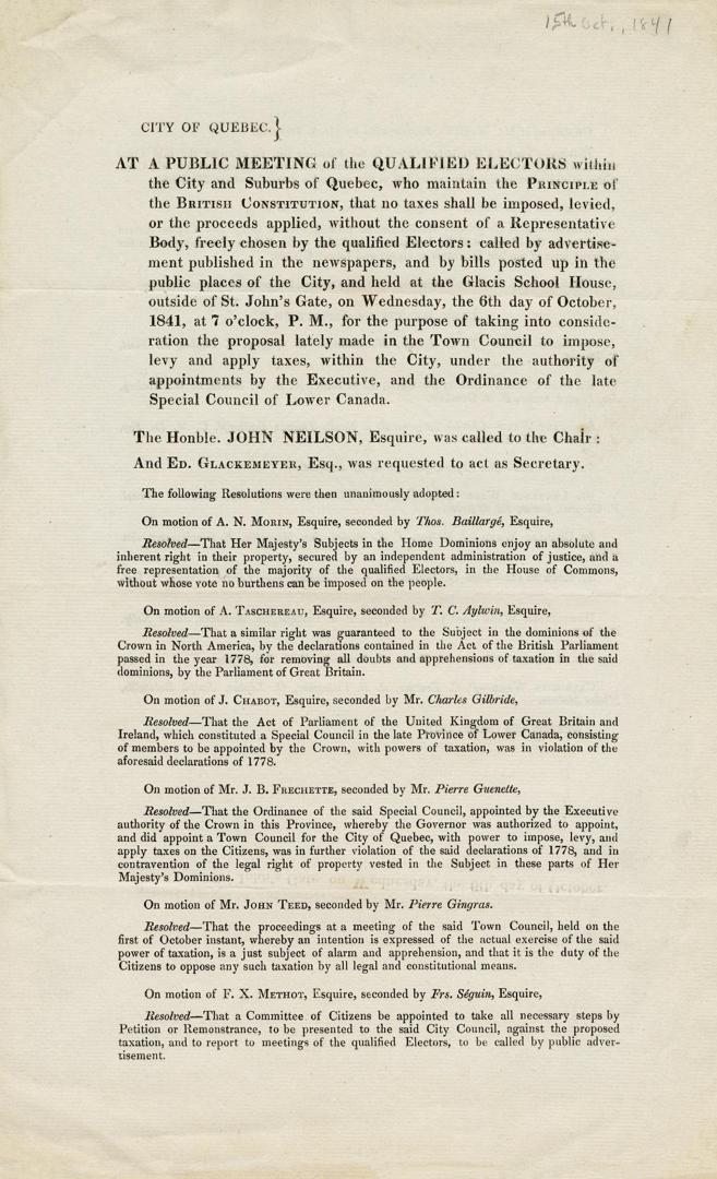 At a public meeting of the qualified electors within the city and suburbs of Quebec, who maintain the principle of the British constitution ...