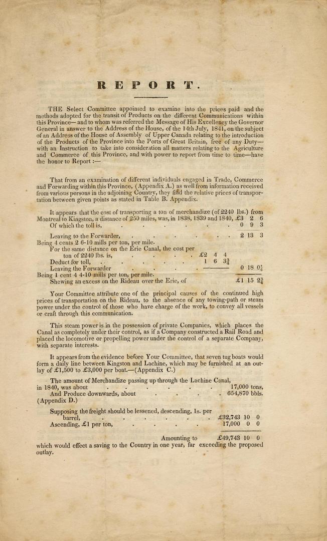 Report. The Select Committee appointed to examine into the prices paid and the methods adopted for the transit of Products on the different Communications within this Province