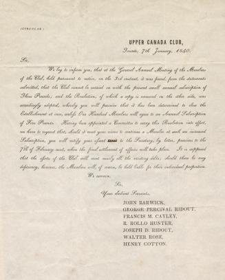 (Circular) : Upper Canada Club, Toronto, 7th January, 1840