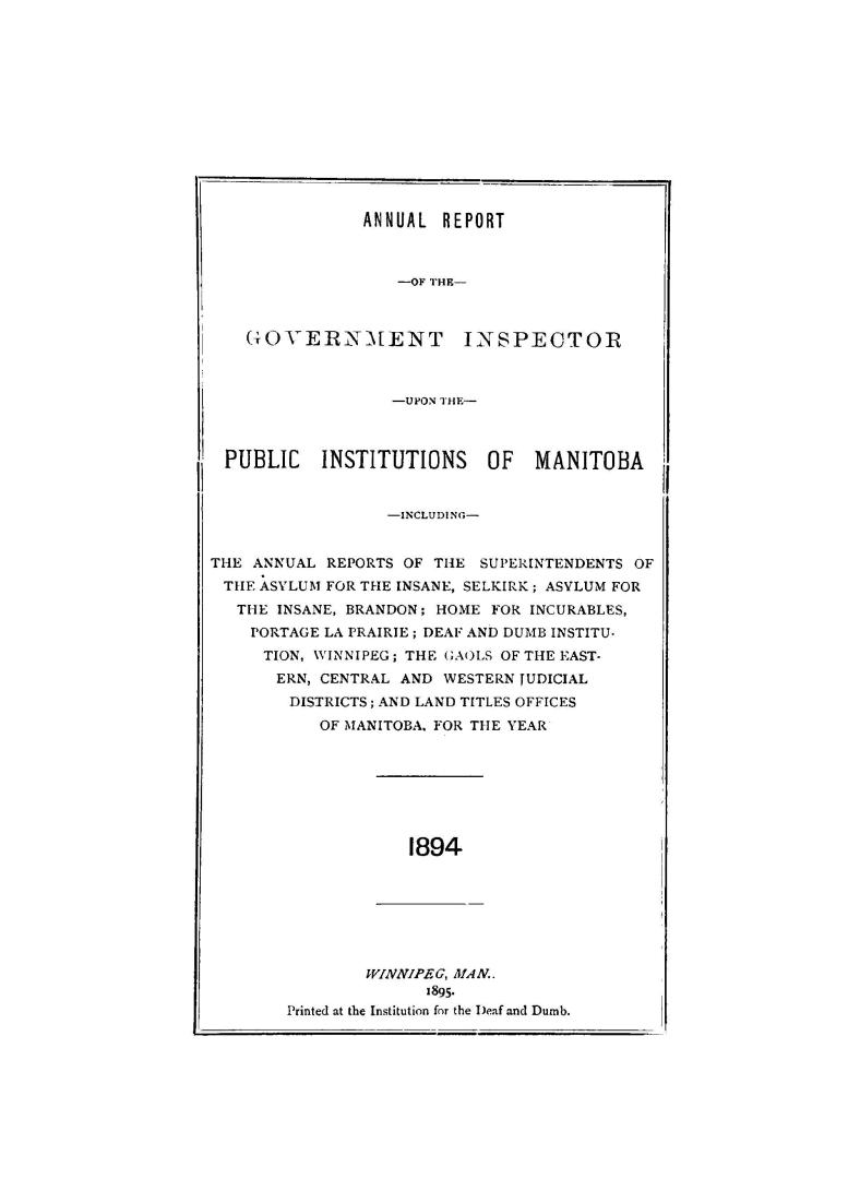 Annual report of the Government inspector upon the public institutions of Manitoba