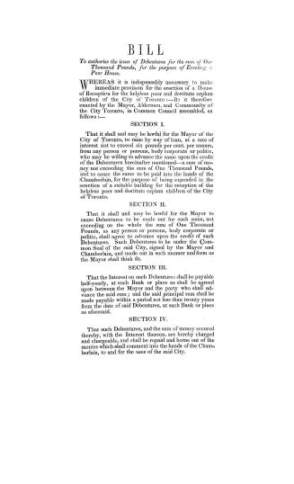 Bill to authorize the issue of debentures for the sum of one thousand pounds, : for the purpose of erecting a poor house