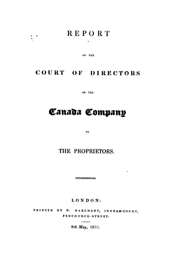 Report of the Court of Directors of the Canada Company to the proprietors