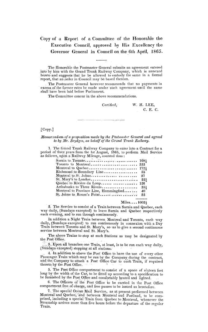 Copy of a report of a committee of the honorable the Executive council, approved by His Excellency the Governor General in council on the 6th April, 1865